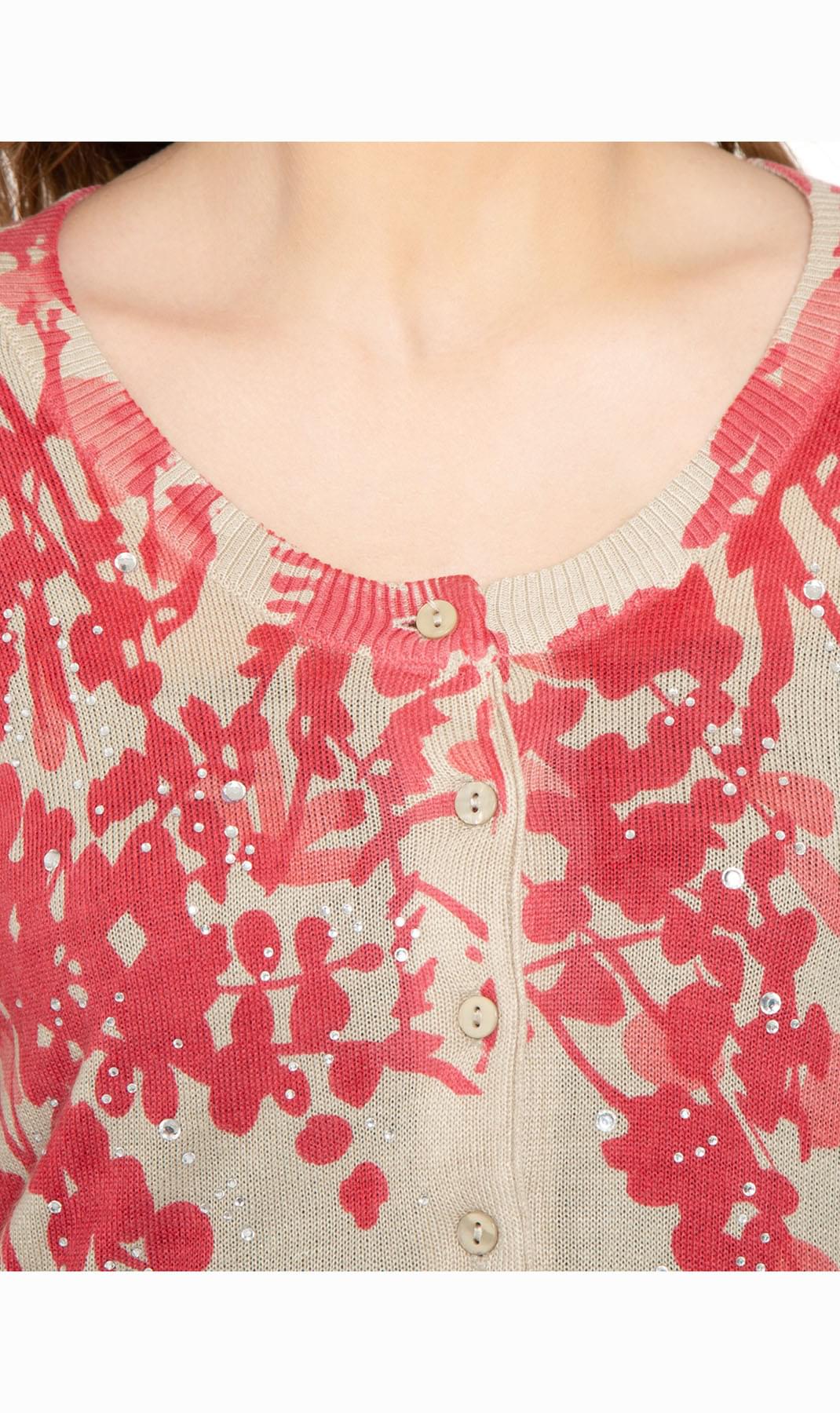 Women's Sleeve Knit Printed And Embellished Cardigan Sweater