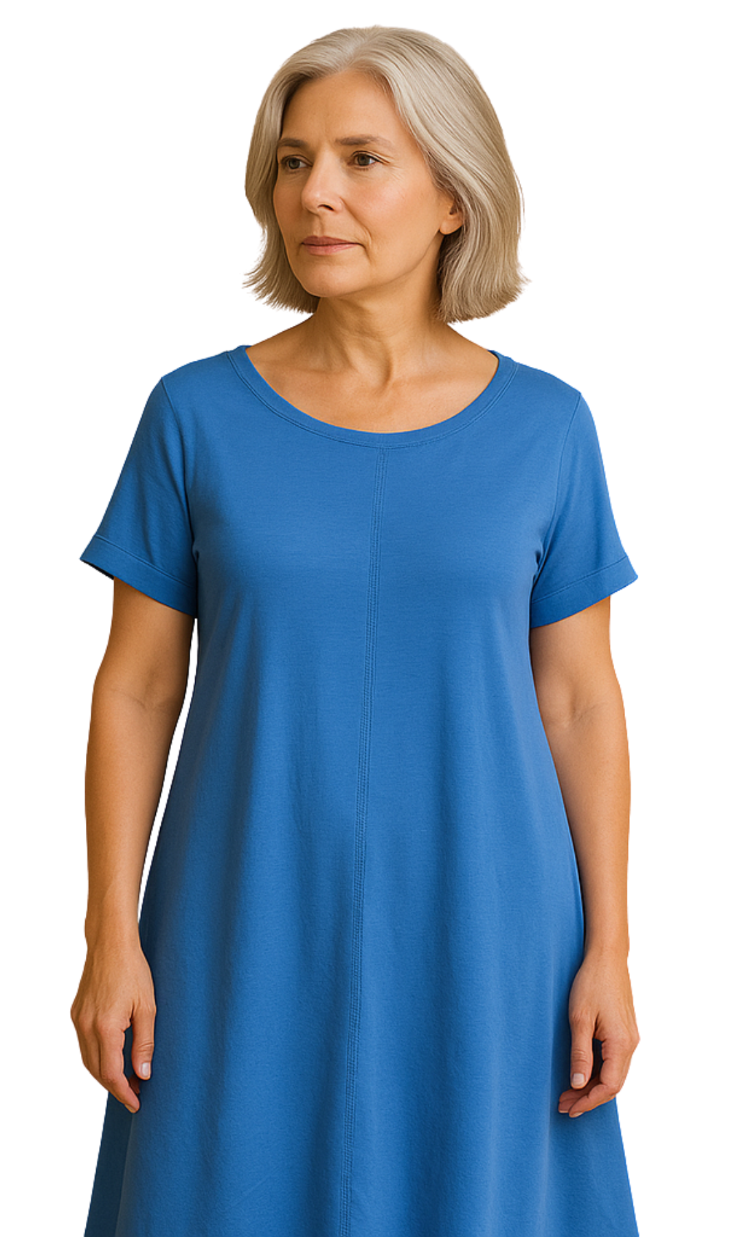 Women's Knit Wide Scoop Neck Short Sleeve Dress in A-line Aymmetrical Hem