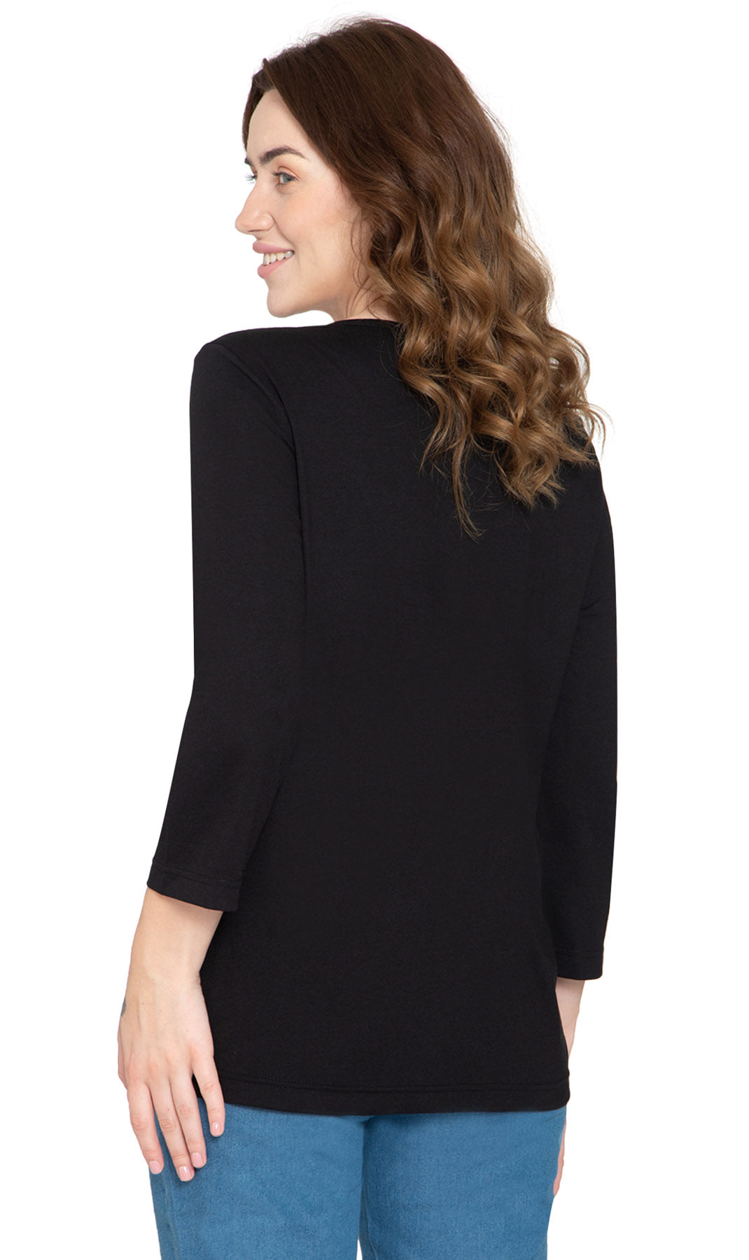 Women's 3/4 sleeves Henley in Cotton Blend with Button Placket