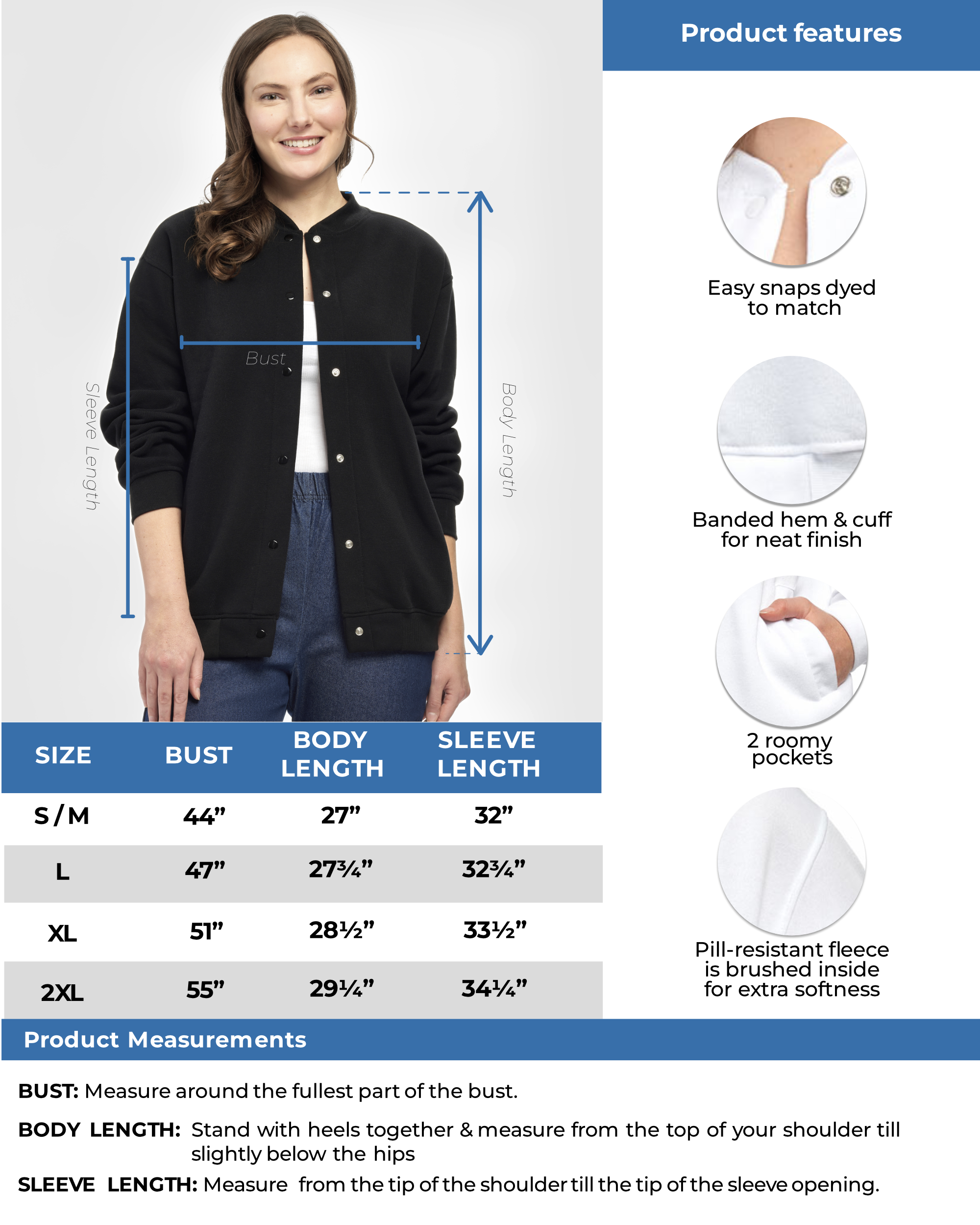 Womens Snap Up Jacket - Soft, Fleecy Lining for Three-Season Comfort